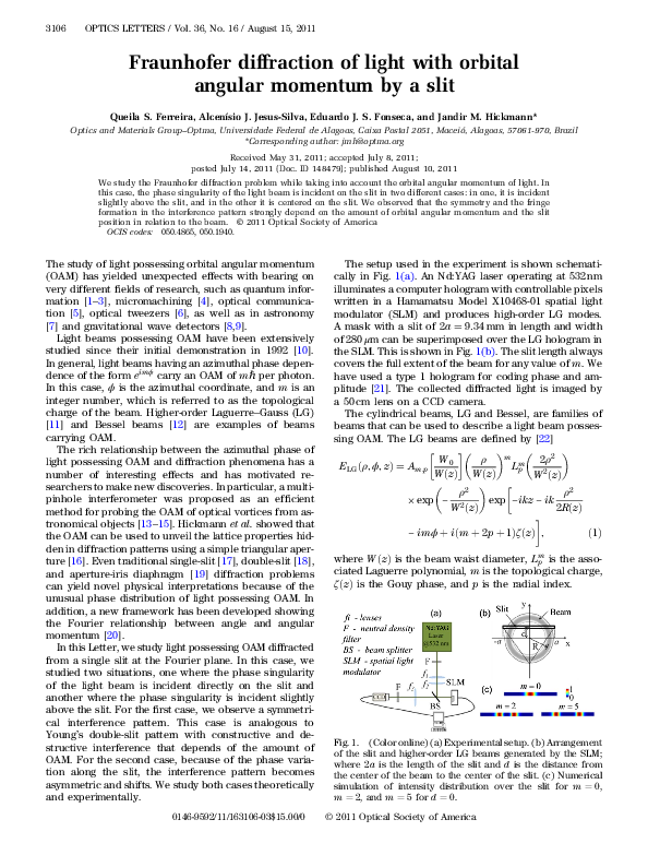 (PDF) Fraunhofer diffraction of light with orbital angular momentum by ...