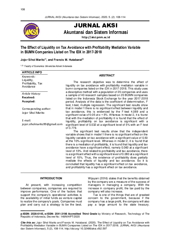 (PDF) The Effect of Liquidity on Tax Avoidance with Profitability ...