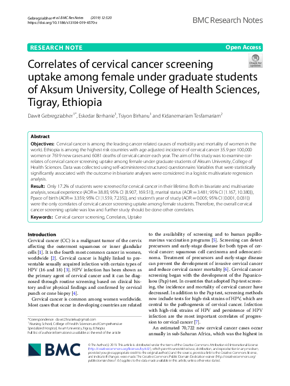 (PDF) Correlates of cervical cancer screening uptake among female under ...