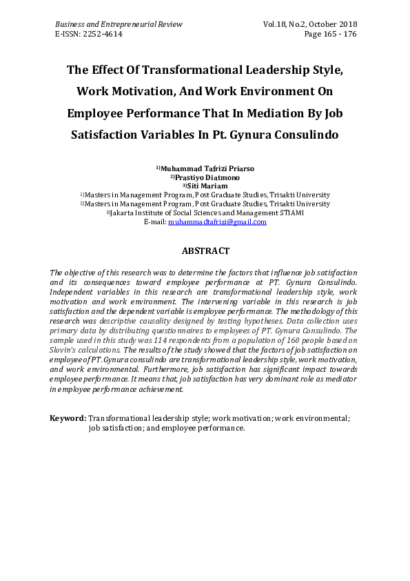 (PDF) The Effect of Transformational Leadership Style, Work Motivation ...