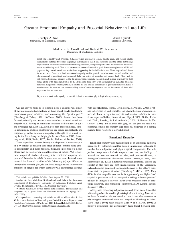 (PDF) Greater emotional empathy and prosocial behavior in late life