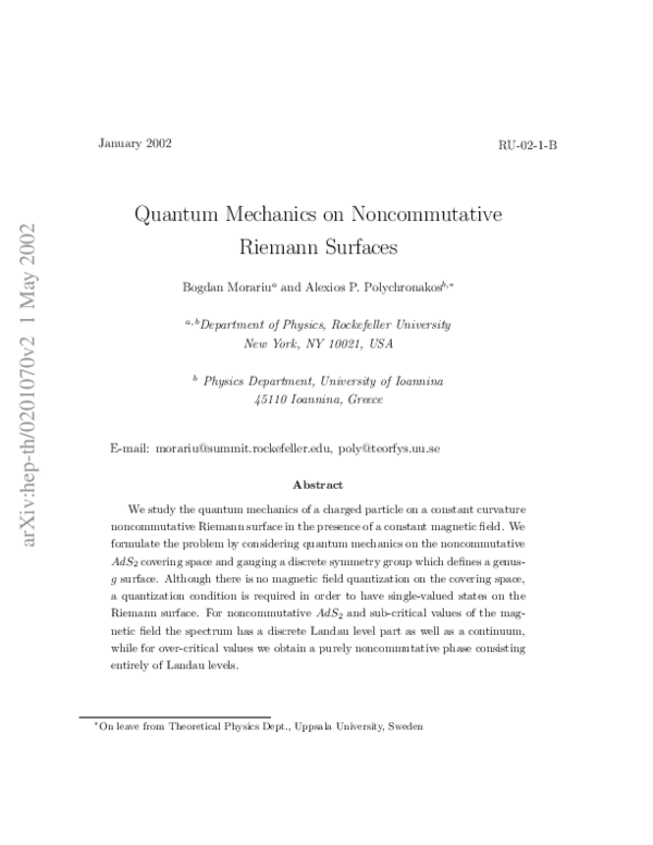 (PDF) Quantum mechanics on noncommutative Riemann surfaces