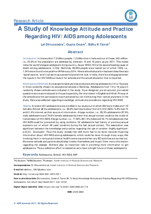 (PDF) A Study of Knowledge Attitude and Practice Regarding HIV/AIDS ...