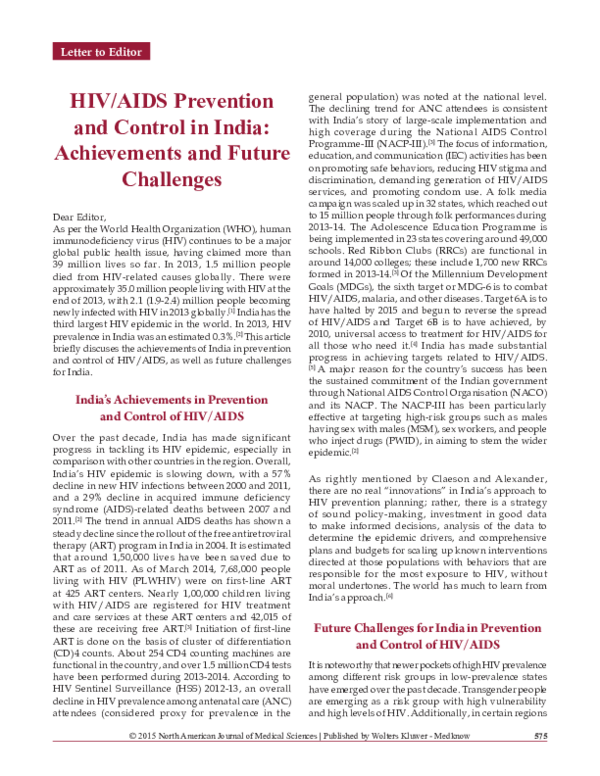 (PDF) HIV/AIDS prevention and control in India: Achievements and future ...