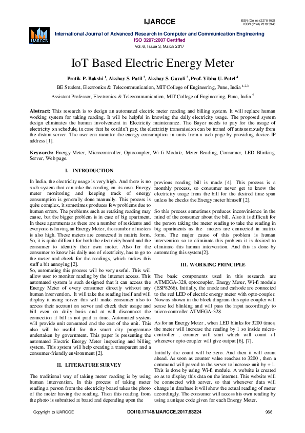 (PDF) IoT based smart energy meter monitoring and controlling system Ijariit Journal