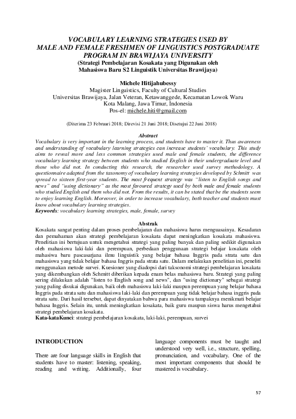 (PDF) Vocabulary Learning Strategies Used by Male and Female Freshmen ...