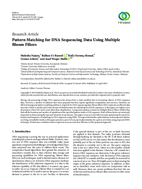 (PDF) Pattern Matching for DNA Sequencing Data Using Multiple Bloom Filters