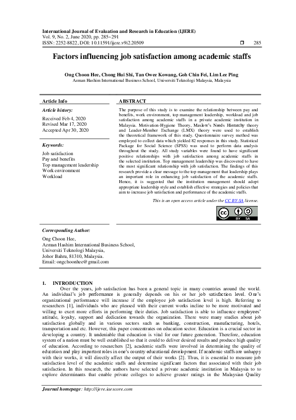 (PDF) Factors influencing job satisfaction among academic staffs