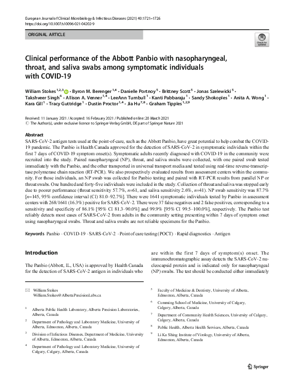 (PDF) Clinical performance of the Abbott Panbio with nasopharyngeal