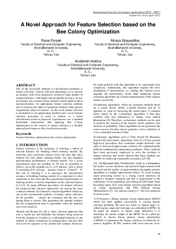 (PDF) A Novel Approach for Feature Selection based on the Bee Colony ...