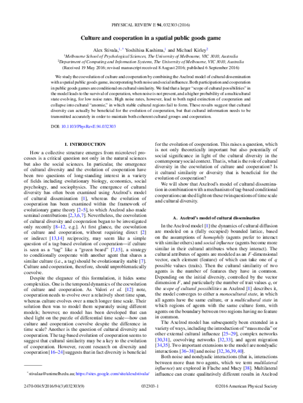 (PDF) Culture and cooperation in a spatial public goods game