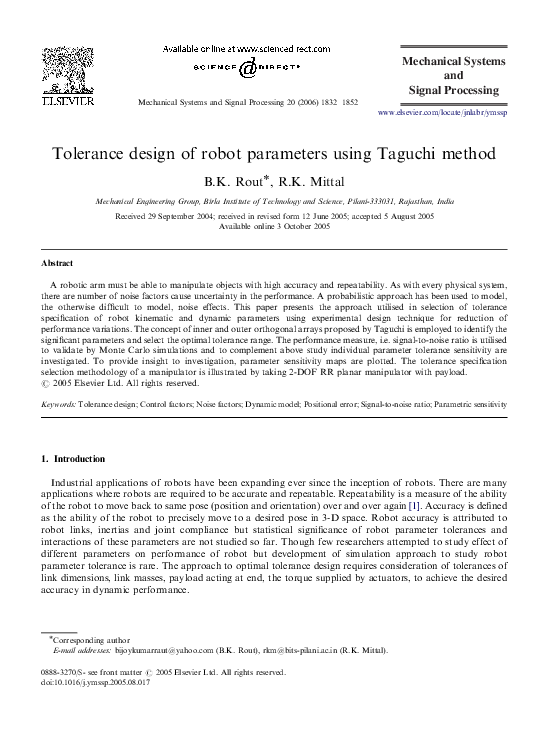 (PDF) Tolerance design of robot parameters using Taguchi method