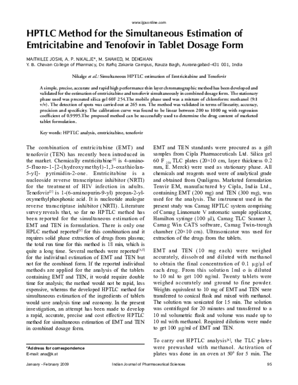 (PDF) HPTLC Method for the Simultaneous Estimation of Emtricitabine and ...