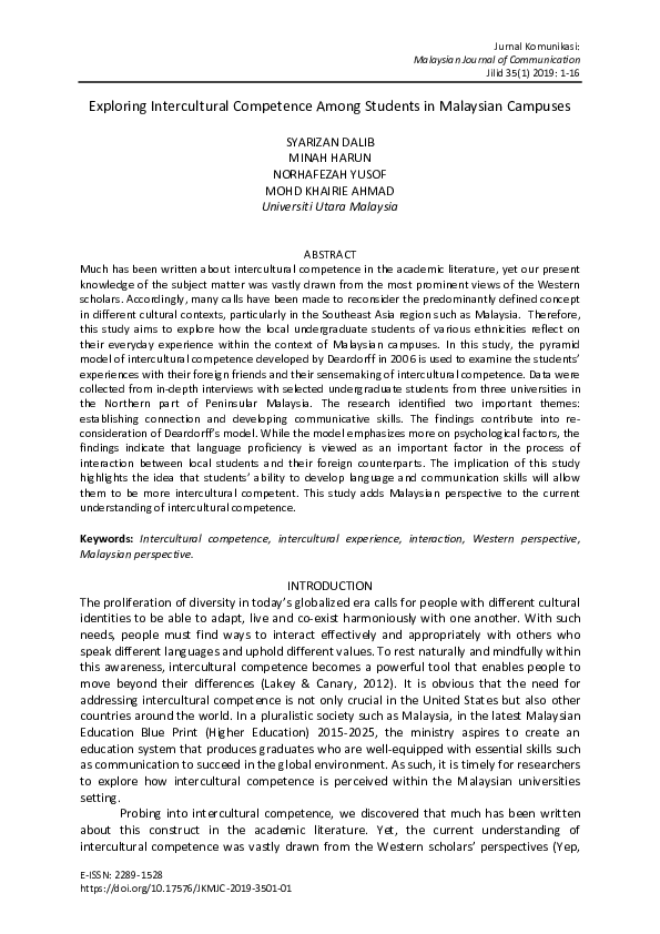 (PDF) Exploring Intercultural Competence Among Students in Malaysian ...