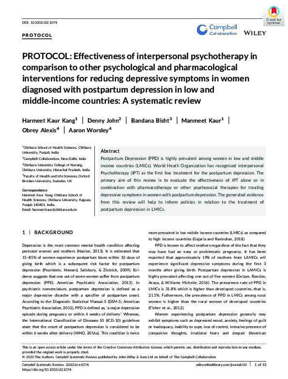 (PDF) PROTOCOL: Effectiveness of interpersonal psychotherapy in ...