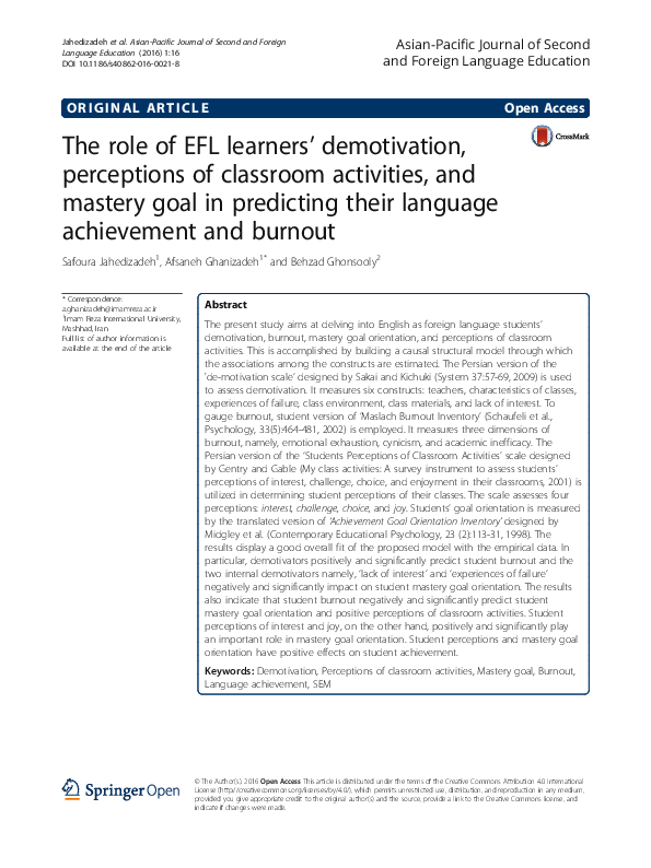 (PDF) The role of EFL learners’ demotivation, perceptions of classroom ...