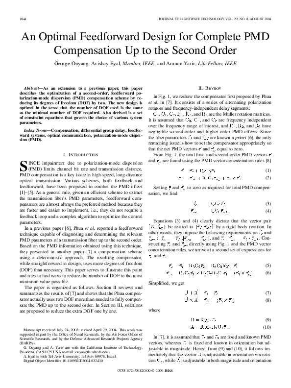(PDF) An Optimal Feedforward Design for Complete PMD Compensation Up to ...