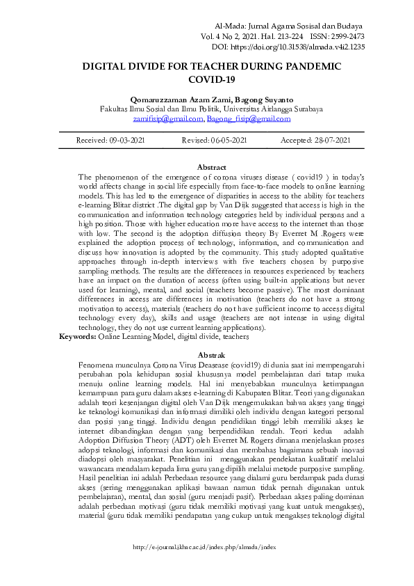 (PDF) Digital Divide for Teacher During Pandemic Covid-19