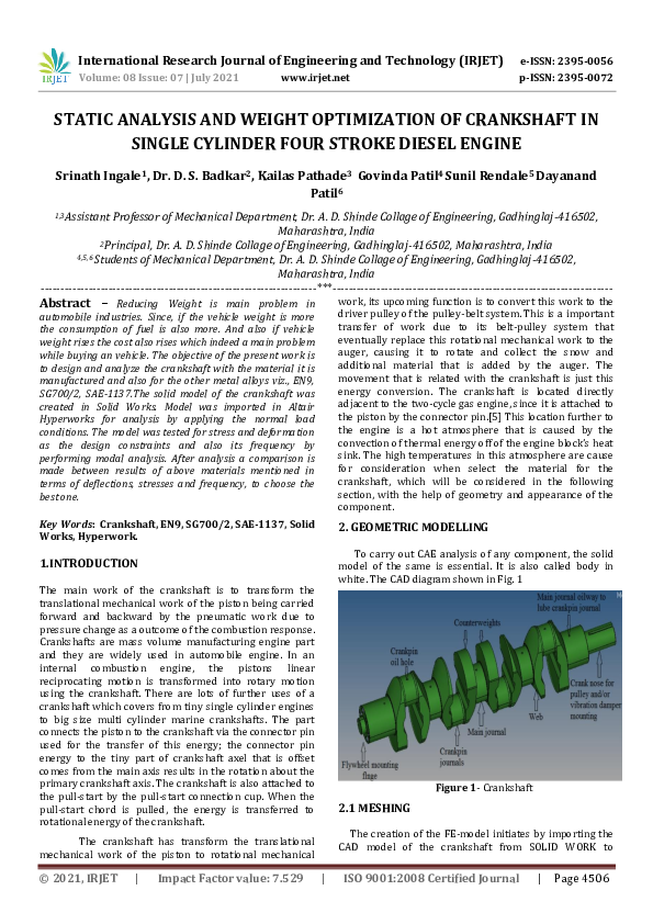 (PDF) IRJET- STATIC ANALYSIS AND WEIGHT OPTIMIZATION OF CRANKSHAFT IN ...