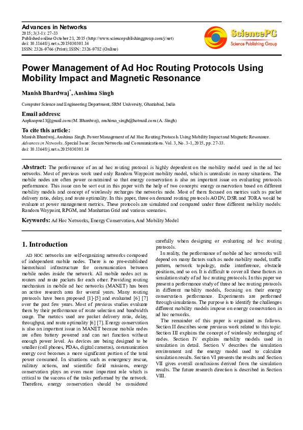 (PDF) Power Management of Ad Hoc Routing Protocols Using Mobility ...