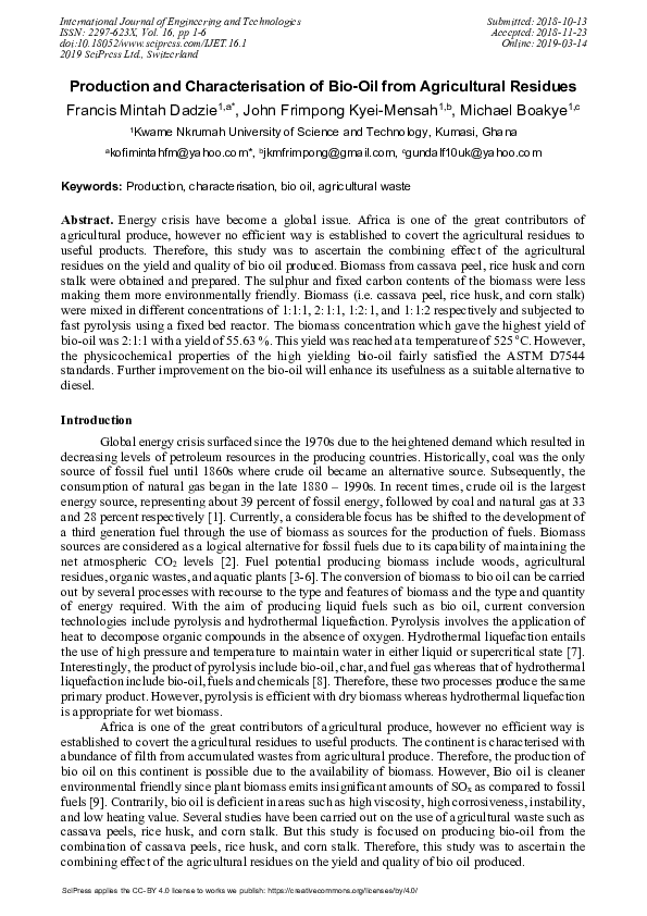 (PDF) Production and Characterisation of Bio-Oil from Agricultural Residues