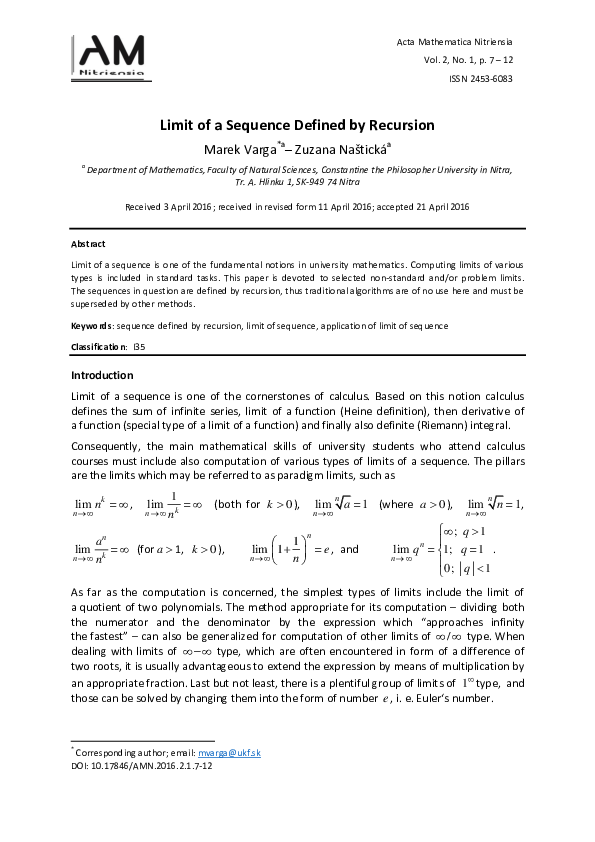 (PDF) Limit of a Sequence Defined by Recursion