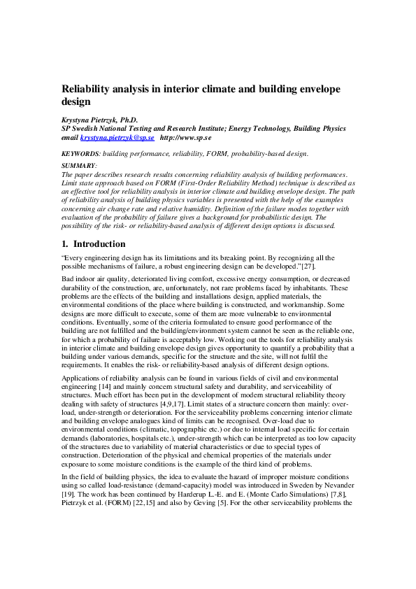 (PDF) Reliability analysis in interior climate and building envelope design