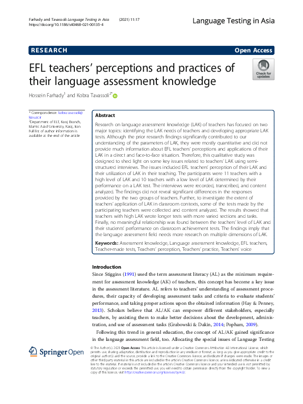 (PDF) EFL teachers’ perceptions and practices of their language ...