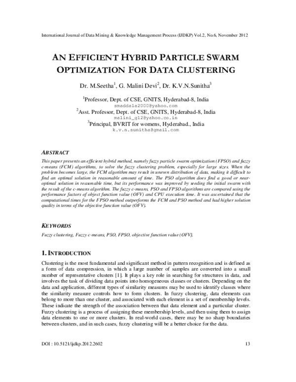 (PDF) An Efficient Hybrid particle swarm optimization for Data Clustering