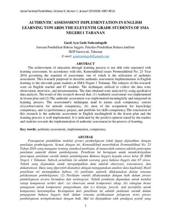 (PDF) Authentic Assessment Implementation in English Learning Towards ...