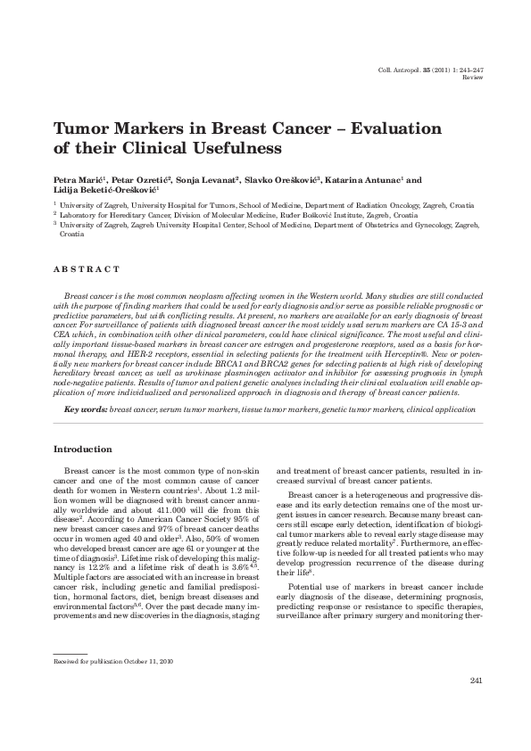 (PDF) Tumor markers in breast cancer--evaluation of their clinical ...