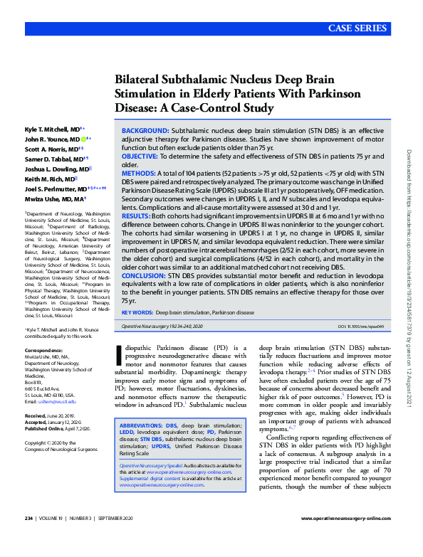 (PDF) Bilateral Subthalamic Nucleus Deep Brain Stimulation in Elderly ...