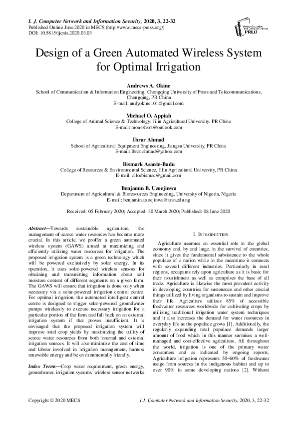 (PDF) Design of a Green Automated Wireless System for Optimal Irrigation