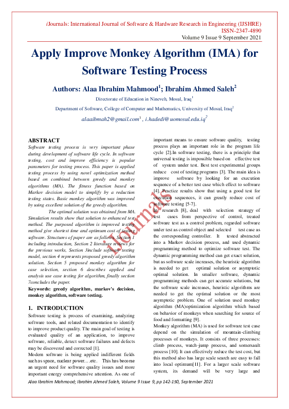 (PDF) Apply Improve Monkey Algorithm (IMA) for Software Testing Process