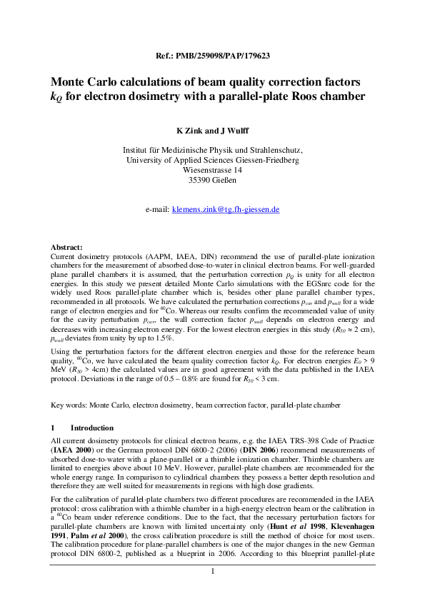 (PDF) Monte Carlo calculations of beam quality correction factors k Q ...