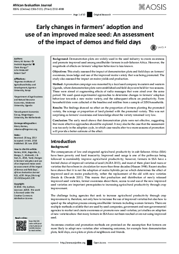 (PDF) Early changes in farmers’ adoption and use of an improved maize ...