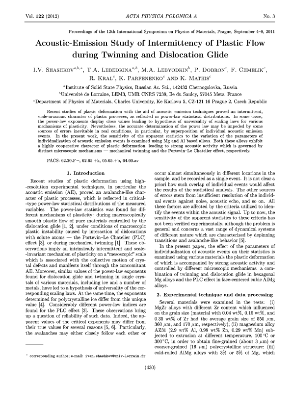 (PDF) Acoustic-Emission Study of Intermittency of Plastic Flow during ...