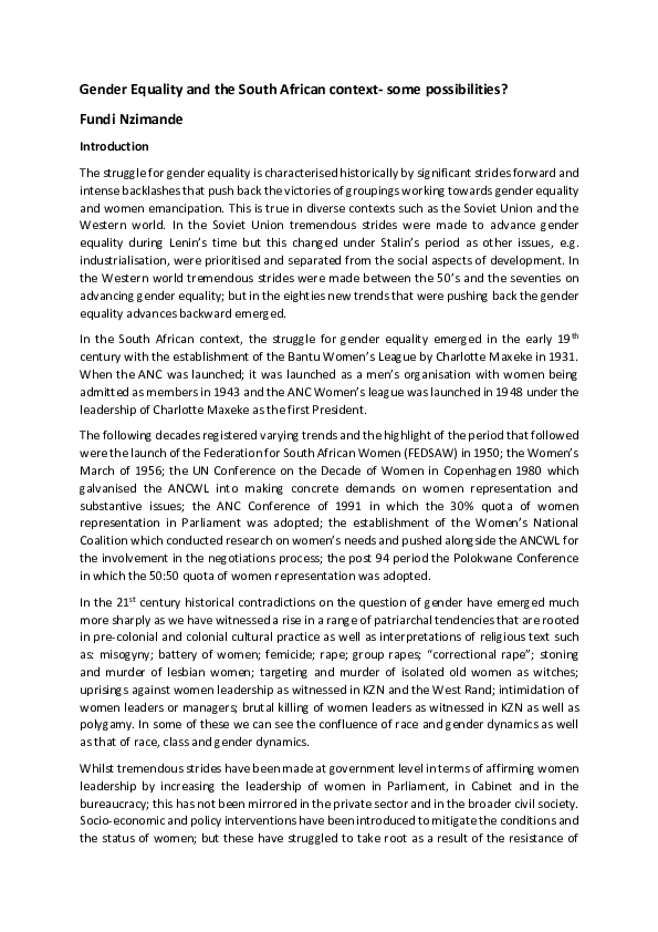 (PDF) Gender Equality and the South African context-some possibilities
