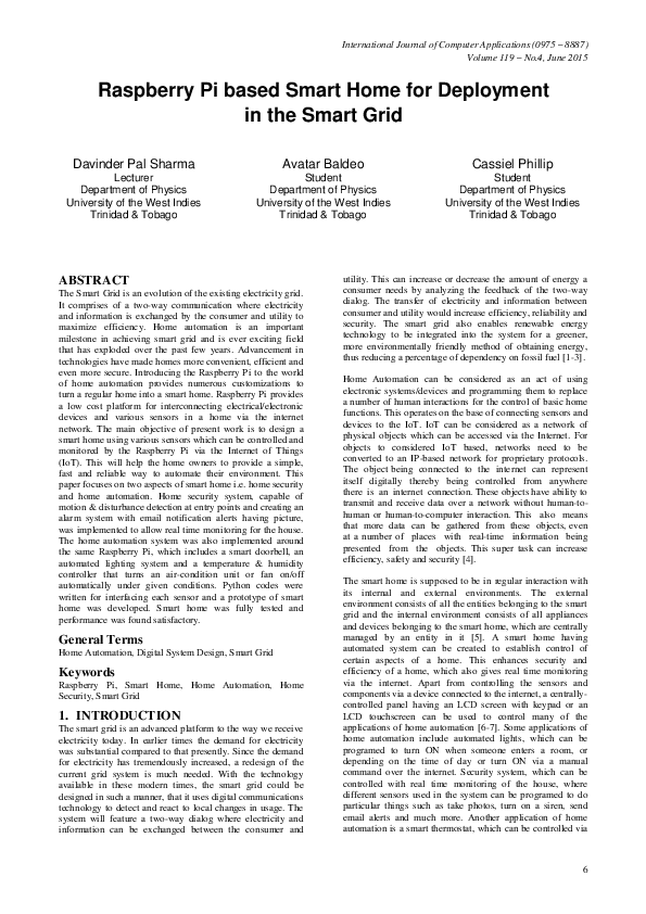 (PDF) Raspberry Pi based Smart Home for Deployment in the Smart Grid