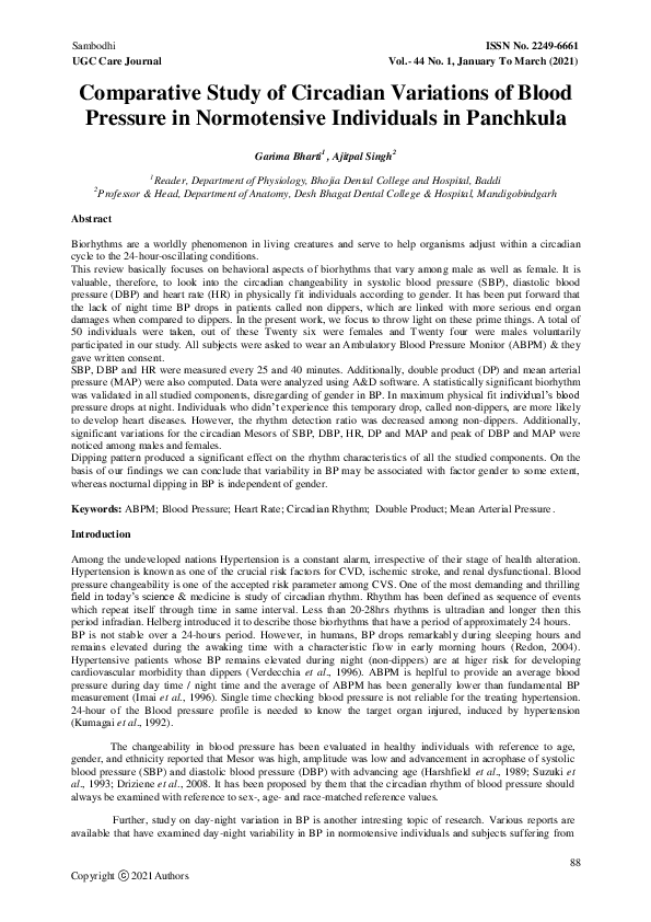 (PDF) Comparative Study of Circadian Variations of Blood Pressure in ...