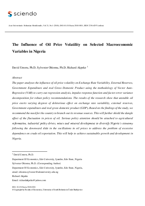 (PDF) The Influence of Oil Price Volatility on Selected Macroeconomic ...