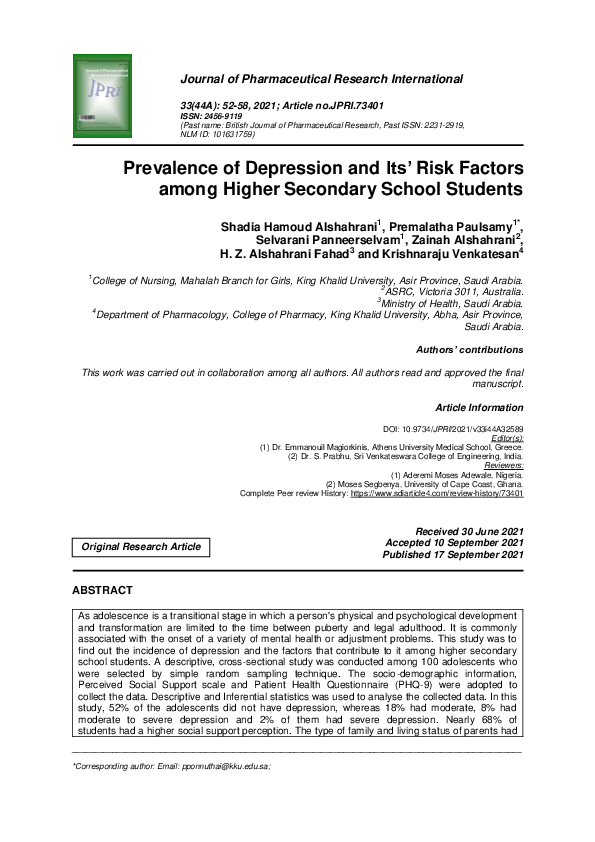 (PDF) Prevalence of Depression and Its’ Risk Factors among Higher ...