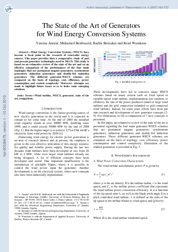 (PDF) The State of the Art of Generators for Wind Energy Conversion Systems