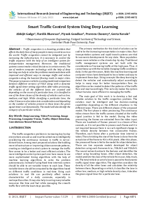 (PDF) IRJET- Smart Traffic Control System Using Deep Learning