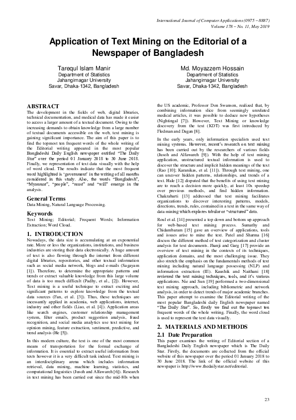 (PDF) Application of Text Mining on the Editorial of a Newspaper of ...