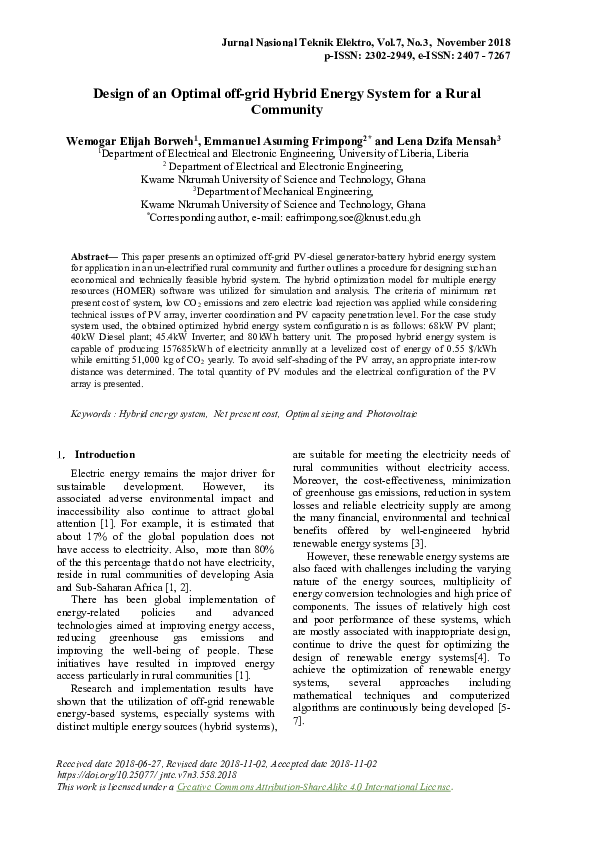 (PDF) Design of an Optimal off-grid Hybrid Energy System for a Rural ...