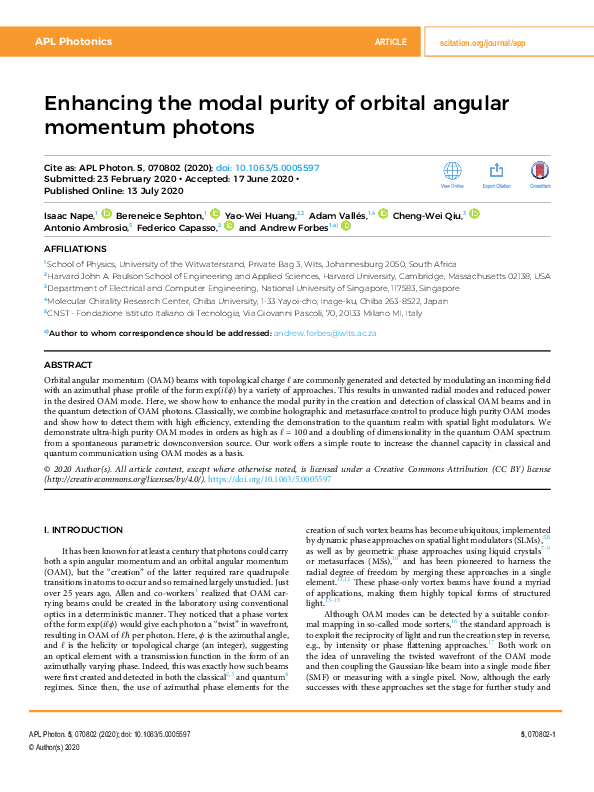 (PDF) Enhancing the modal purity of orbital angular momentum photons