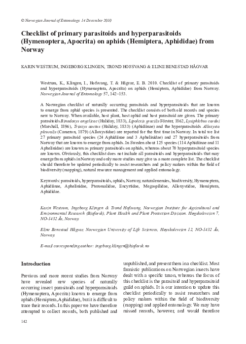 (PDF) Checklist of primary parasitoids and hyperparasitoids ...