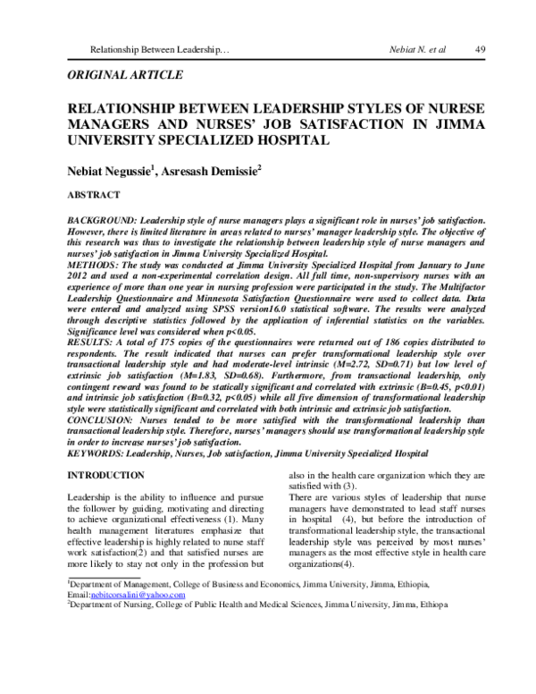 (PDF) Relationship Between Leadership Styles of Nurese Managers and ...
