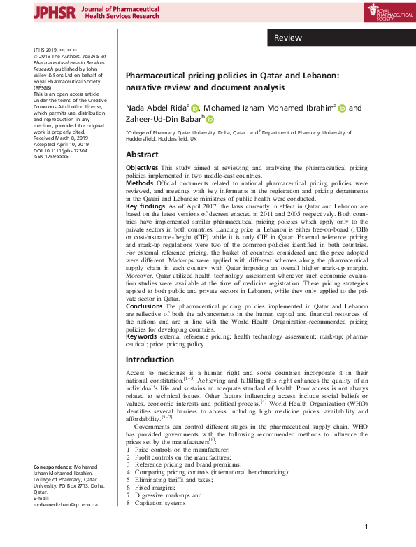 (PDF) Pharmaceutical pricing policies in Qatar and Lebanon: narrative ...